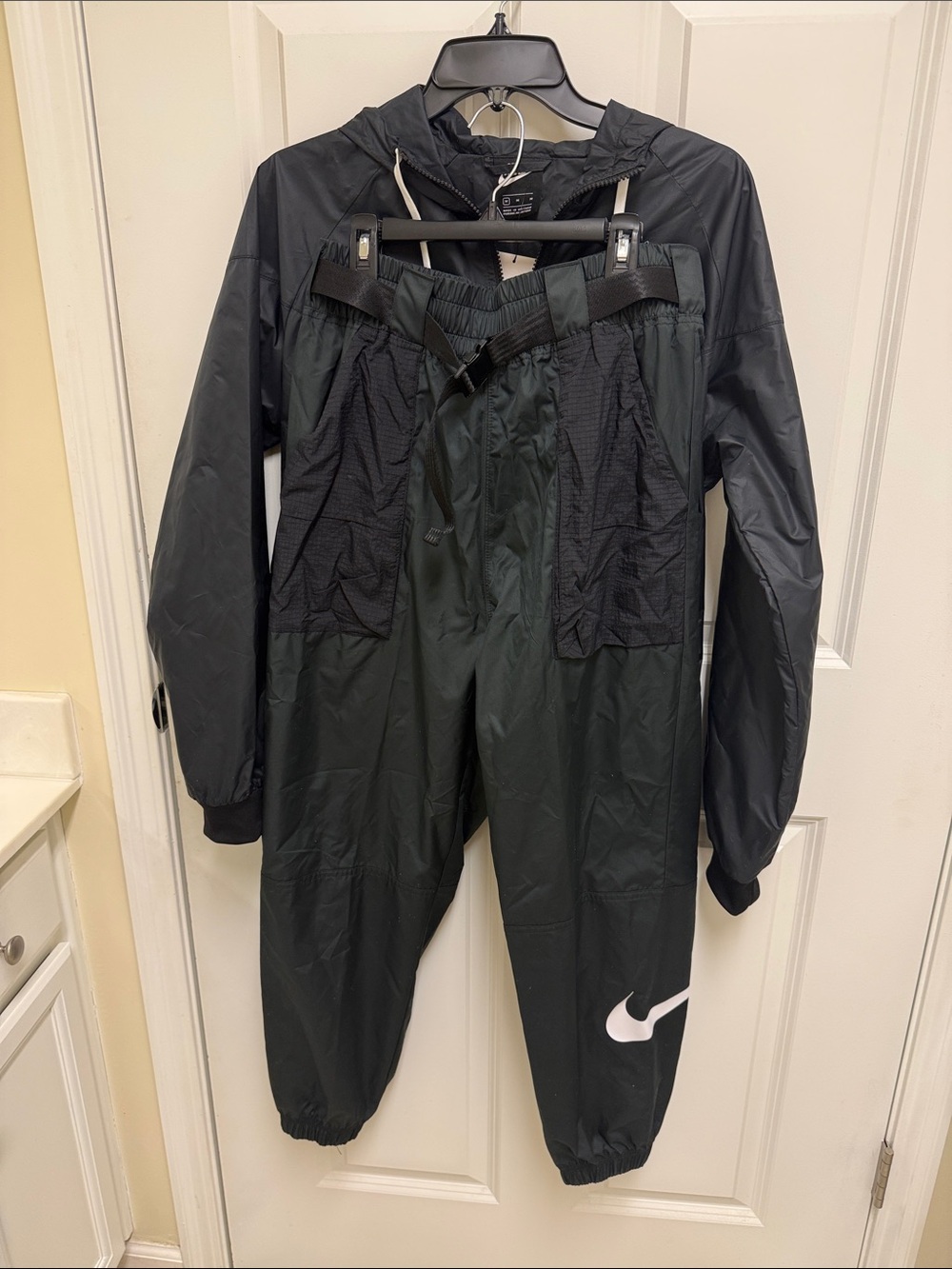 Nike Black Track Pants with White Swoosh and Matching Jacket